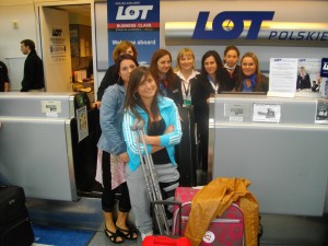 LOT employees: Teresa, Ania, Basia, Joanna, Magdalena, Mariola; and Pauline with her mom Dorothy at Chicago/O'Hare International Airport.